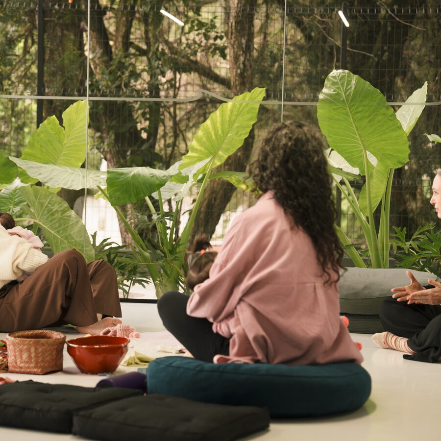 Grupo de mães sentadas em círculo com seus bebês, cercadas de plantas, durante um encontro do Parental Lab